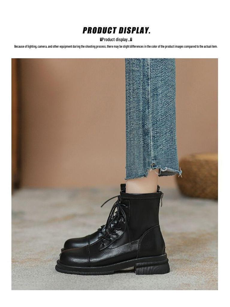 Women's Soft Leather British-Style Fleece-Lined Martin Boots - Autumn/Winter 2025, Thick-Soled, Short, Spring/Autumn Single Boots.