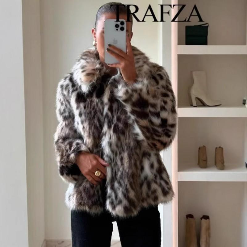 Womens Leopard Print Faux Fur Coat Slim Fit Street Style Outerwear