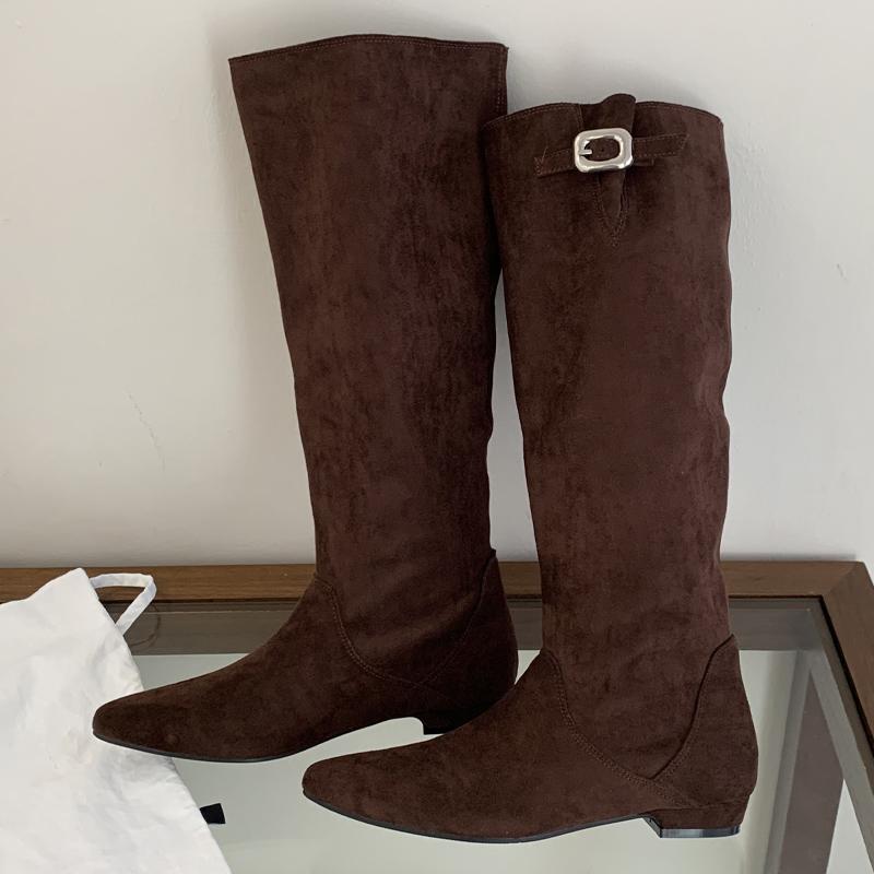 Fashion Eilyken 2025 New Winter Design Vintage Pointed Toe Knee High Boots Women Low Heels Splicing Buckle Strap Female Shoes