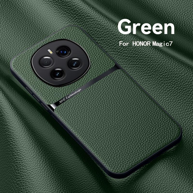 For Honor Magic 7 7 Pro Leather Texture Built-in Magnetic TPU Soft Edge Anti-drop Anti-fingerprint Phone Case