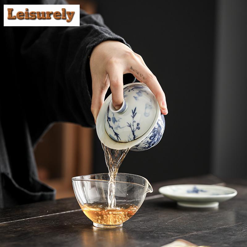 150ML Antique Blue And White Porcelain Gaiwan Retro Ink Flower And Bird Tea Tureen Tea Making Cover Bowl Tea Services Craft Gift
