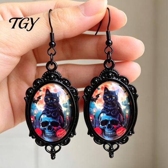 Niche Design Transparent Time Gem Jewelry 1 Pair Halloween Gothic Black Cat Earrings for Women, Vintage Durable Zinc Alloy Retro Dark Punk Style