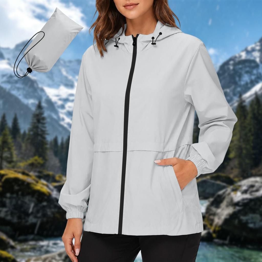 Women's Waterproof Windproof Hooded Jacket Lightweight Outdoor Raincoat Full Zip Front Pockets Adjustable Drawstring Hood