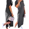 Women's Solid-Color Short-Sleeve Round-Neck Split-Hem Dress for Summer and Fall