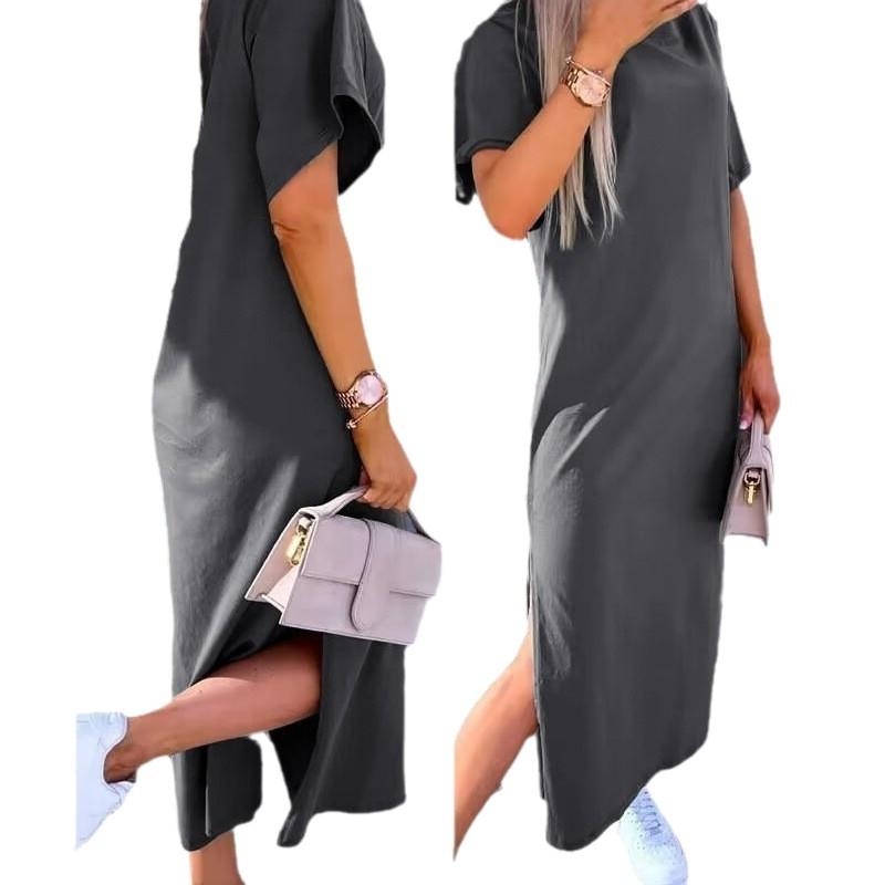 Women's Solid-Color Short-Sleeve Round-Neck Split-Hem Dress for Summer and Fall