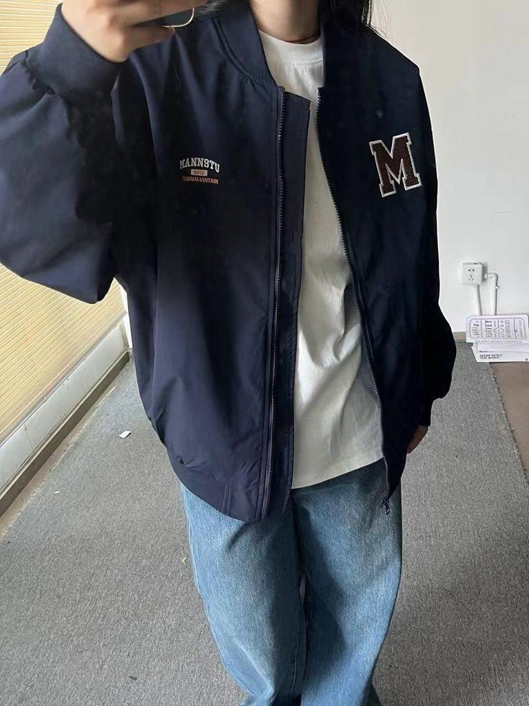 Retro College-Style Fleece-Lined Baseball Jacket - Versatile, Casual, Streetwear for Spring/Autumn