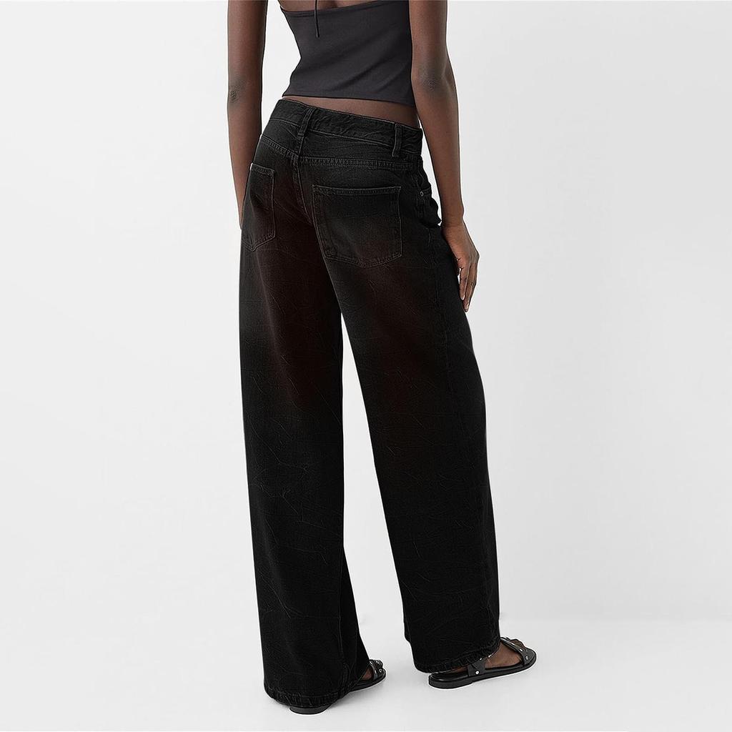 Women's Casual Fashion Solid Color Elastic Waist Pockets Wide Leg Straight Jeans Pants