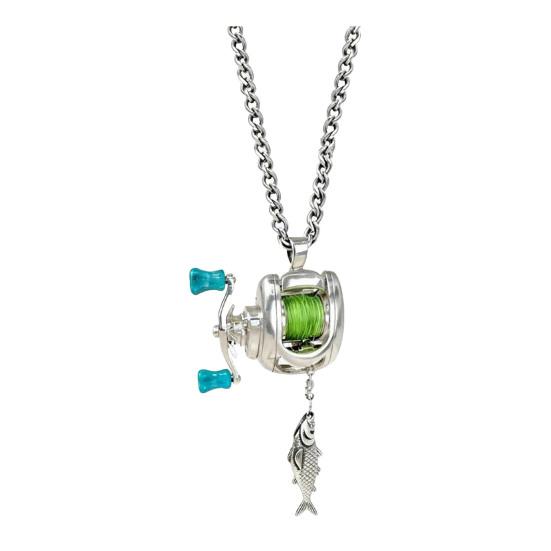 Męski Naszyjnik Miniaturowy Kołowrotek Wędkarski Wisiorek Rączka Kręcąca Choker Pierścień Prezent dla Wędkarza Akcesorium dla Pasjonata Wędkarstwa