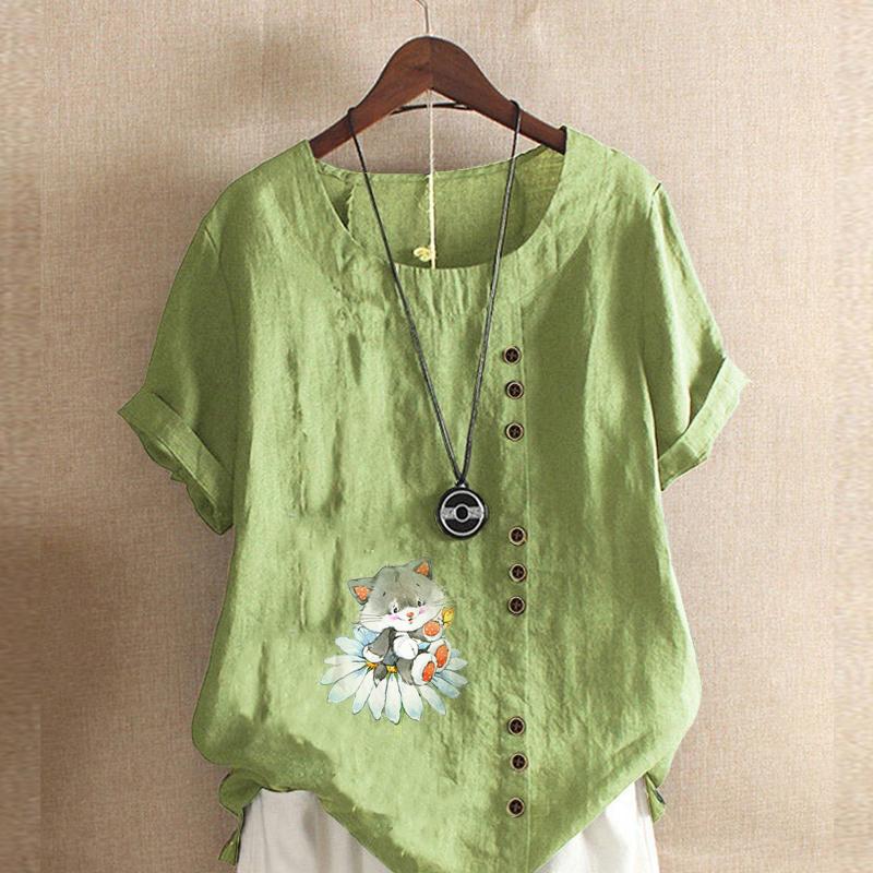

Женская модная футболка с круглым вырезом и короткими рукавами с принтом кота, повседневная хлопково-льняная рубашка с рисунком, свободная летняя блузка для отдыха, топы 5XL зелёный
