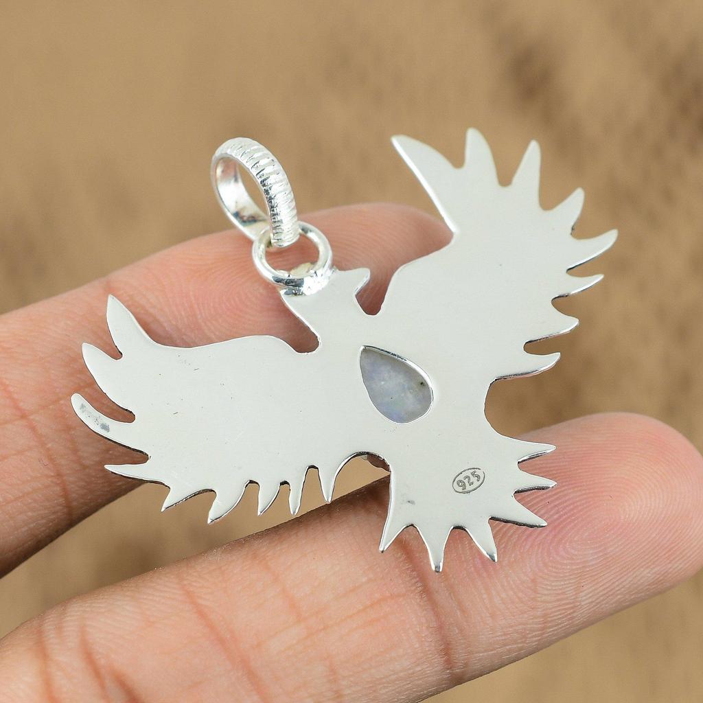 Memorial Day Sale Sterling Silver Pear Rainbow Moonstone Gemstone Eagle Pendant
