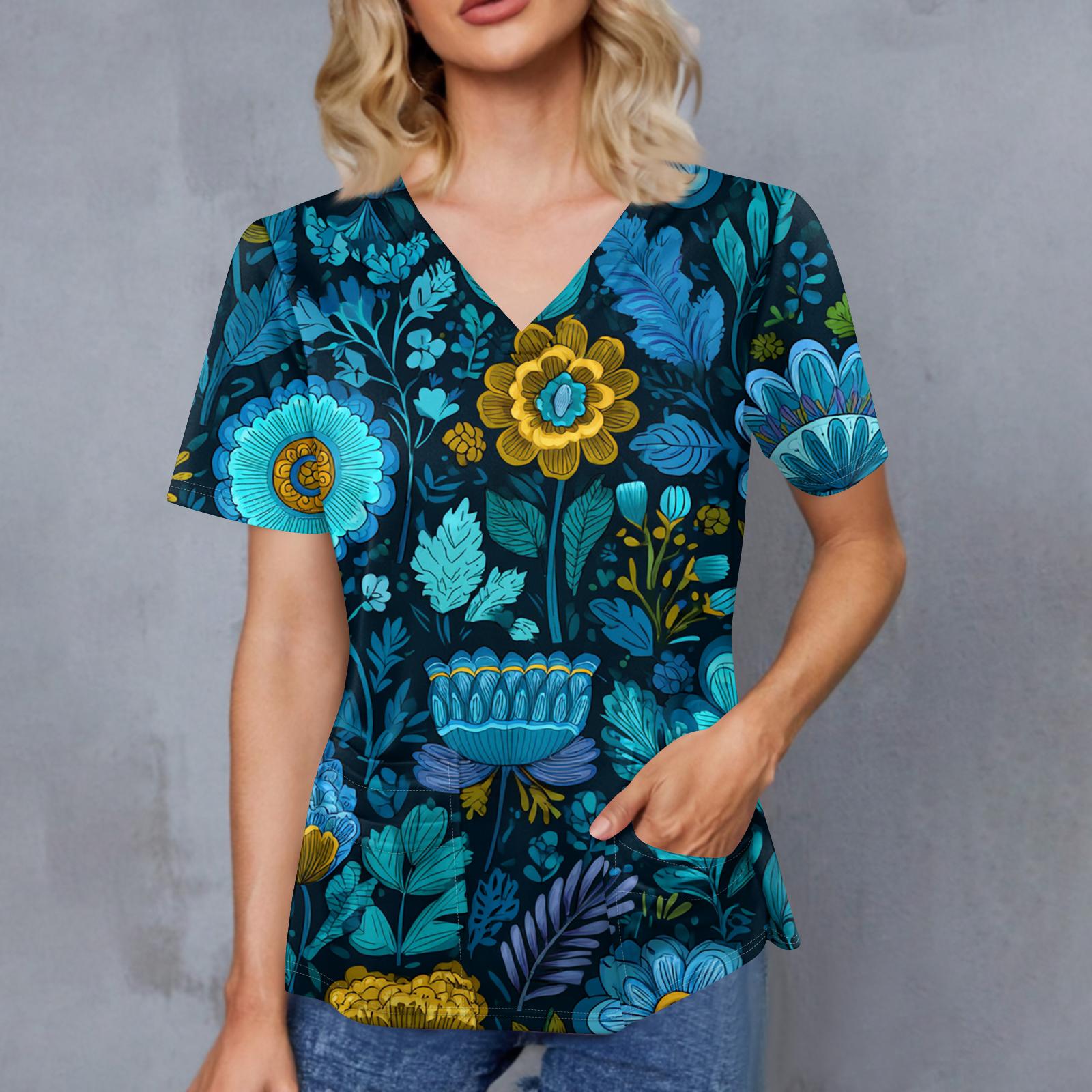 Women s Retro Printed V-Neck Double Pocket Short Sleeves Hem Slit Uniform Caregiver Top L