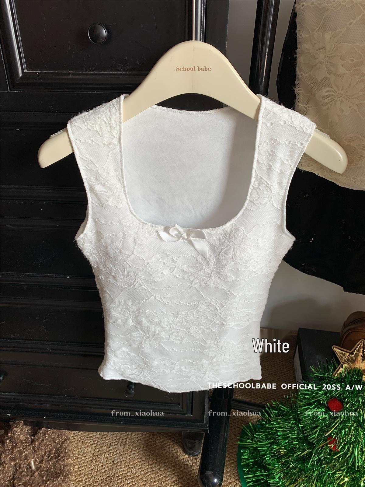 Off-White Lace Bow U-Neck Sleeveless Camisole - Slim Fit Waist-Cinching Top for Women One Size