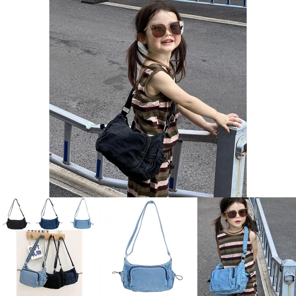 Stylish Korean Minimalist Denim Shoulder Bag For Kids In Blue Black And Dark Blue Colors