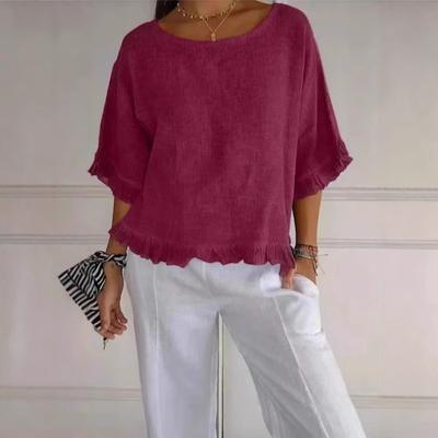 New Summer Women's Short-sleeved Round Neck Cotton and Linen Solid Color Loose Version European and American Shirts for Women