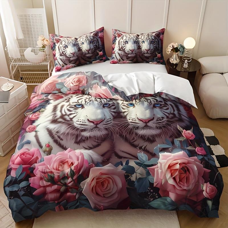 Couple Pink Tiger Rose Quilt Cover Set 1 Quilt Cover + 2 Pillowcases Home Four Seasons Dormitory High-Definition Printing