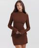 Women Elegant Dark Blue Mini Dress Autumn Pocket Long Sleeve Bodycon Dresses Lady Chic Party Club Robe