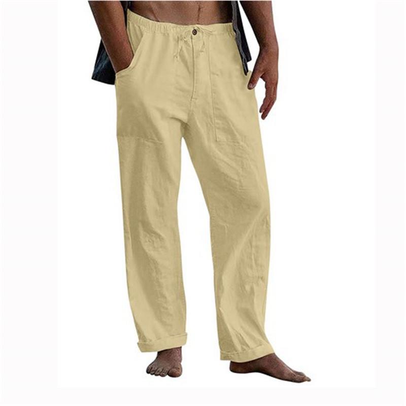 Men's Yoga Drawstring Elasticated Trousers Breathable Comfortable Loose Cotton Linen Pants Summer Beach