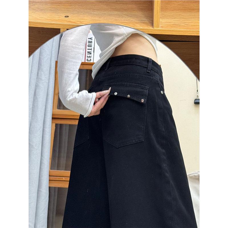 Plus Size Women's Black Floor-Length Straight Jeans with Pockets - Slimming, Loose Fit, Versatile American Streetwear