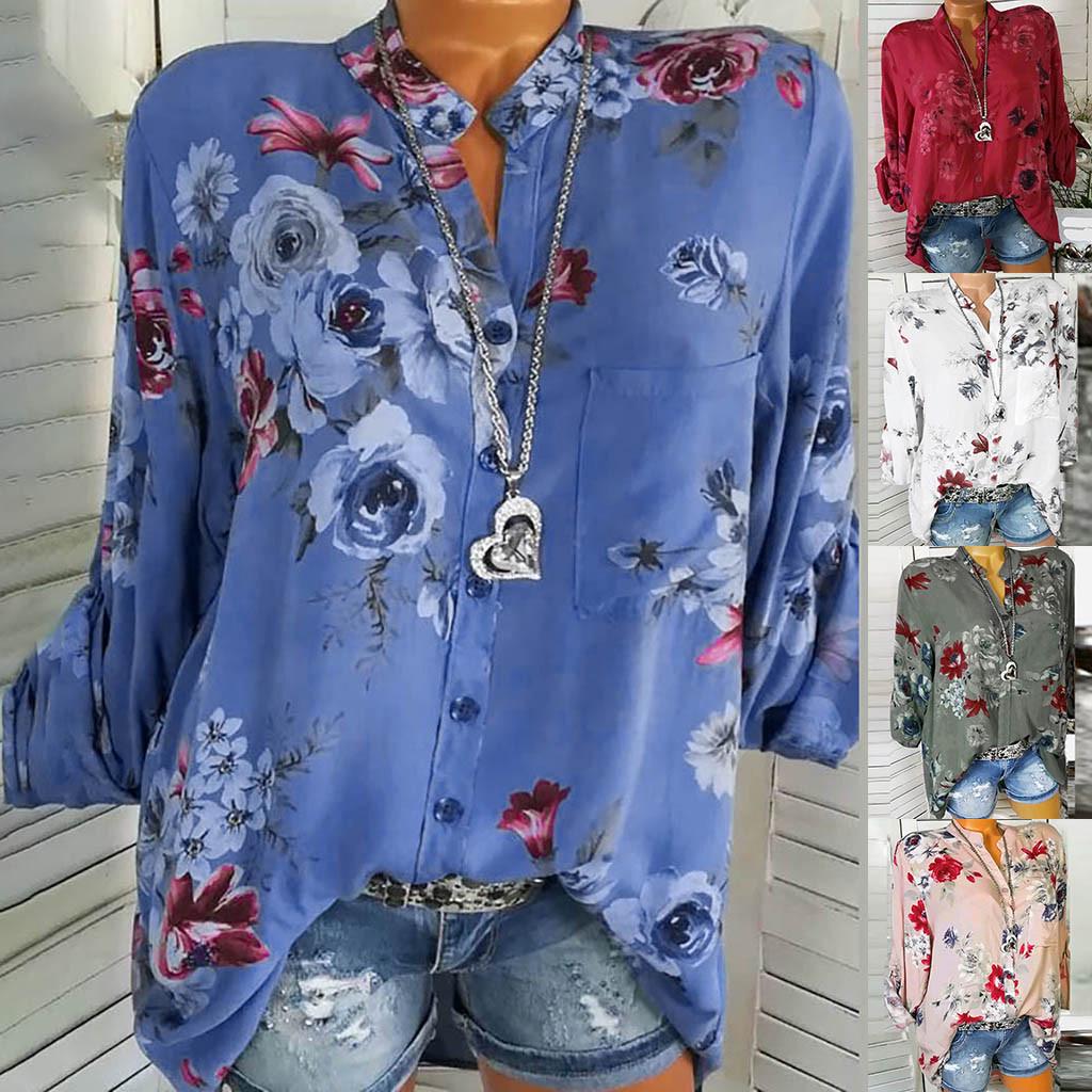 

женщины Печать Карман плюс Размер Длинные рукава кнопки Кардиган Блузка Easy Tops