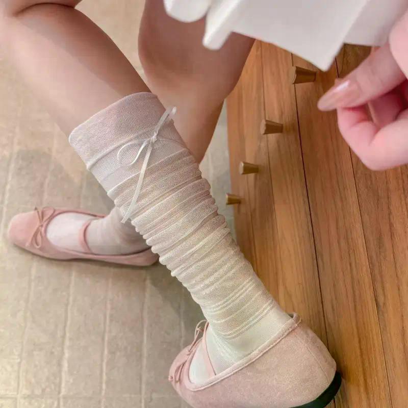 Sheer Mesh Bow Knee High Socks Thin Breathable Balletcore Style Socks For Women