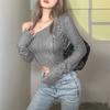 European and American Style 2024 Autumn New Women's Fashion Solid Color Slim Fit Cropped Fashionable Irregular One-Shoulder Long-Sleeve T-Shirt