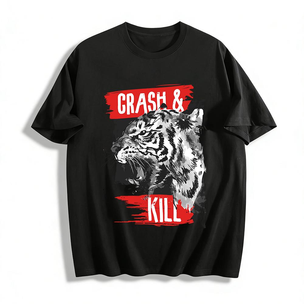 CRASH & KILL Tiger Print Streetwear Casual Loose Fit Short Sleeve Tee Pure cotton T-shirt XXS