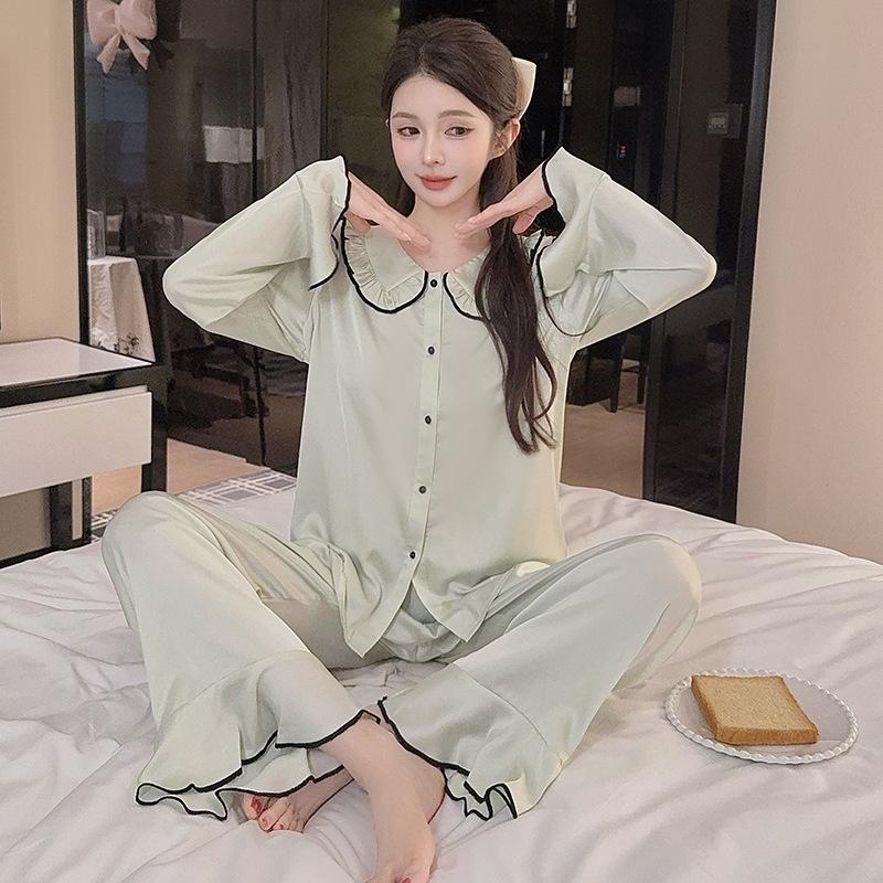 High-end Ice Silk Pajamas Women's Summer New Long-sleeved Trousers Doll Collar Set Korean Version of Ice and Snow Silk Women's Loungewear