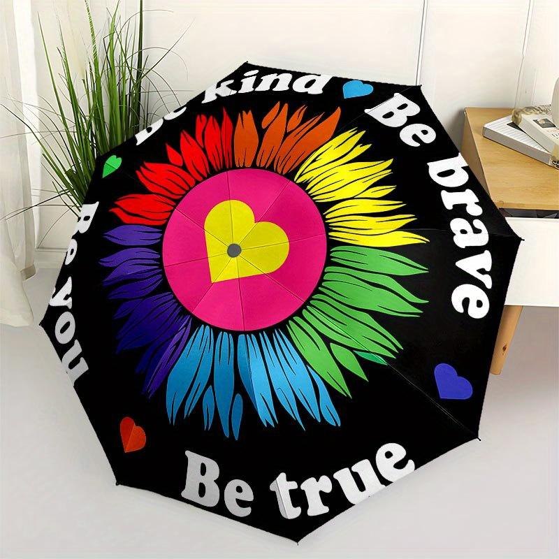 

Be Kind, Be Brave: Rainbow Flower Sticker Umbrella, Cute Umbrella with Cute Design, Portable 3-Fold Compact Umbrella for Men & Women, Valentine s Day
