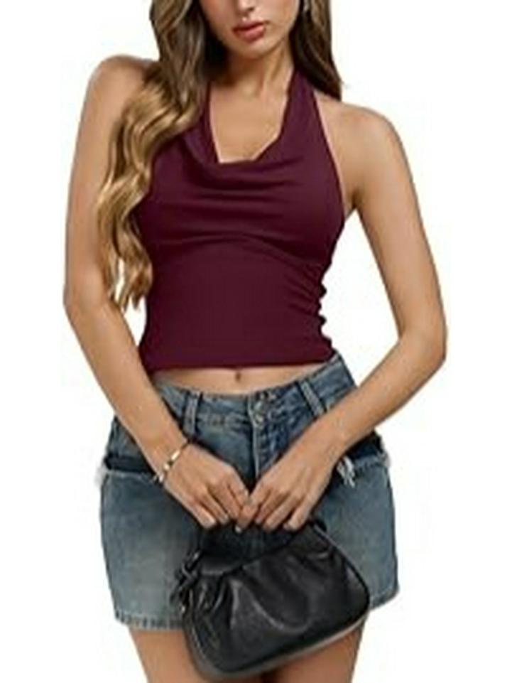 2025 Spring/Summer Sexy Deep V-Neck Halter Backless Bowknot Slim Fit Women s Top S бордовый