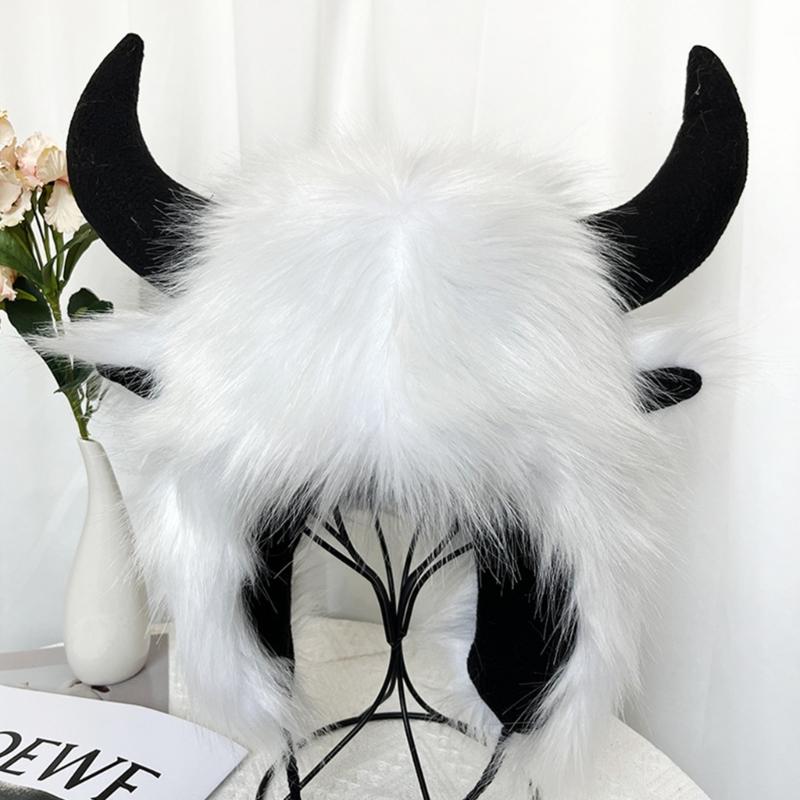 Furry Bull Hat Headwear with Cartoon Horns Halloween Gift Warm Soft Hat
