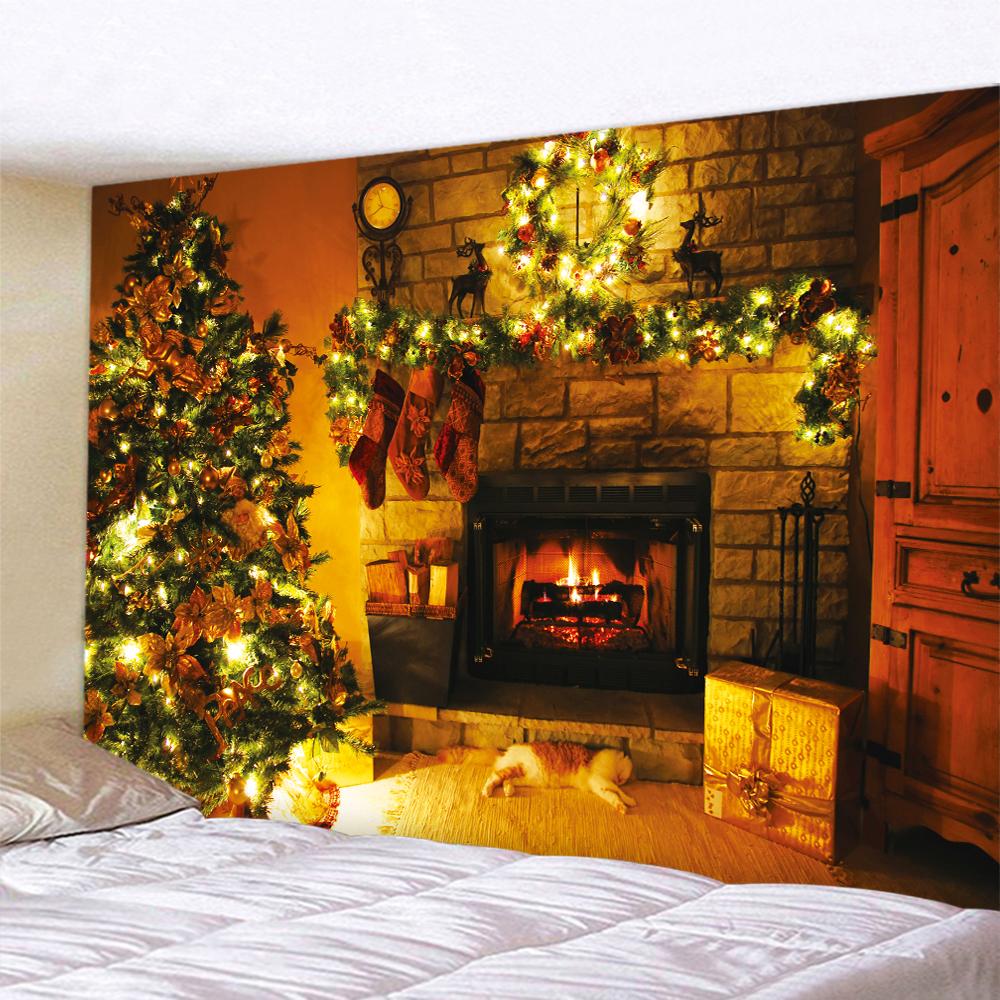 Home Decor Christmas Fireplace Art Print Tapestry Christmas Tree Wall Hanging Bedroom Living Room Wall Decor Backdrop Fabric