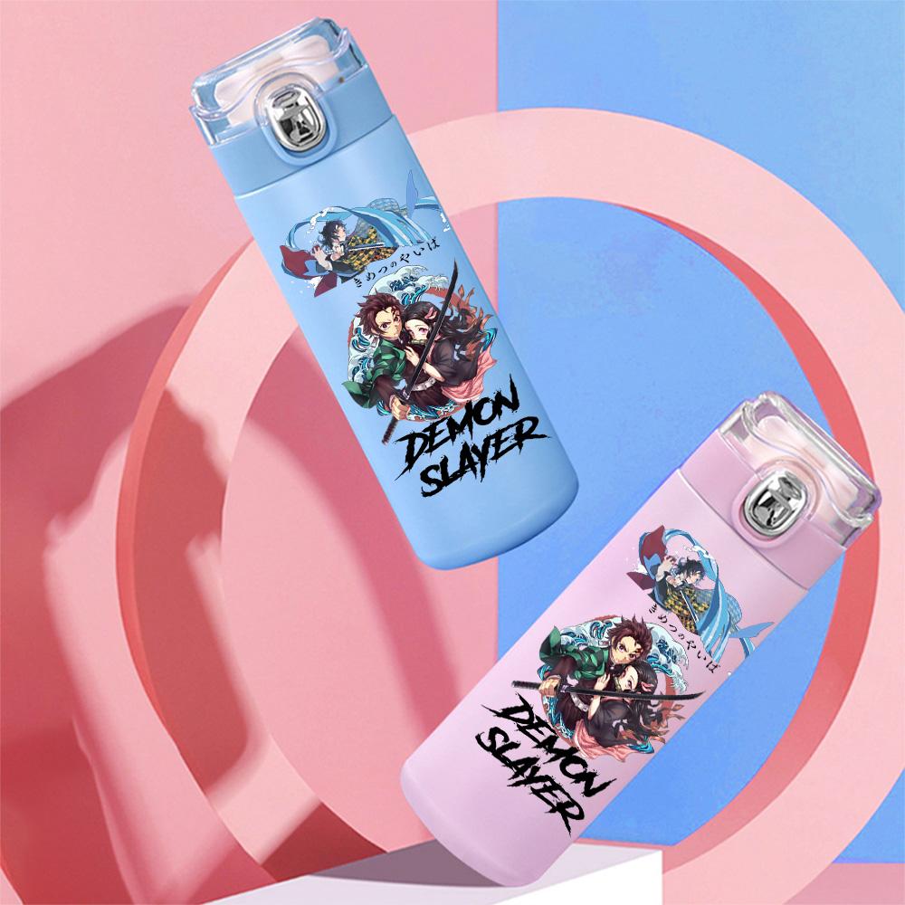 Cartoon Dämonentöter Aufdruck Weiß Thermosbecher Tragbar Edelstahl 400ml Wasserflasche Auslaufsicher Camping Trinkbecher Geschenk