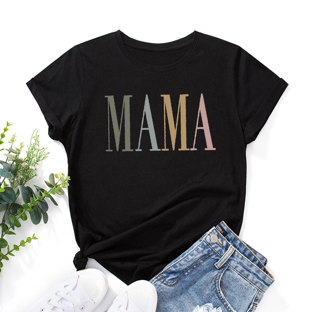 

MAMA Cotton T-Shirt Short Sleeve Round Neck Women 2d Print Tops S
