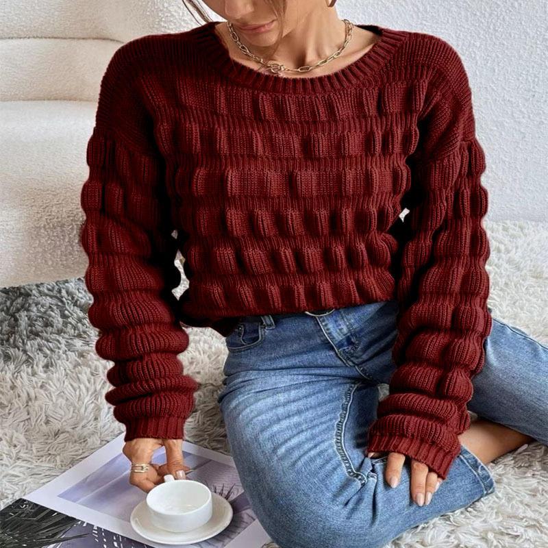 Damen Strickpullover mit strukturierter Karomusterung Lockere Passform Herbst Winter Lange Ärmel Eleganter Pendler-Stil Luxuriös Lässig Vielseitiges Oberteil
