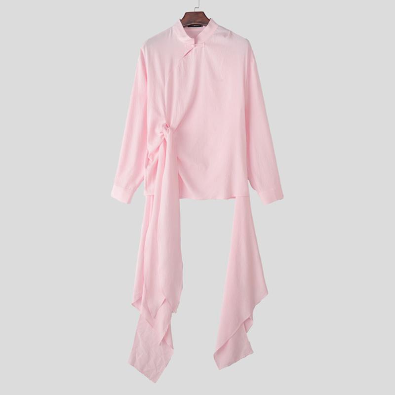 

INCERUN Oversized Men Long Sleeve Ethnic Buttons Irregular Hem Twisted Shirts Tops 5XL розовый