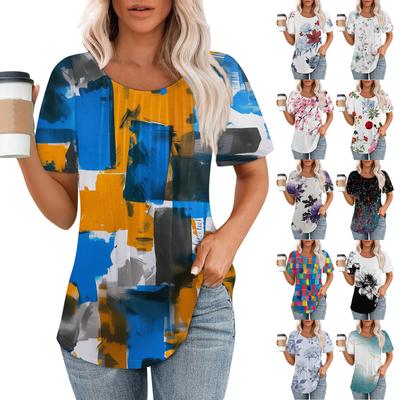 Women's Fashionable Casual Pleated Round Neck Gradient Printed Short Sleeved T-shirt Top