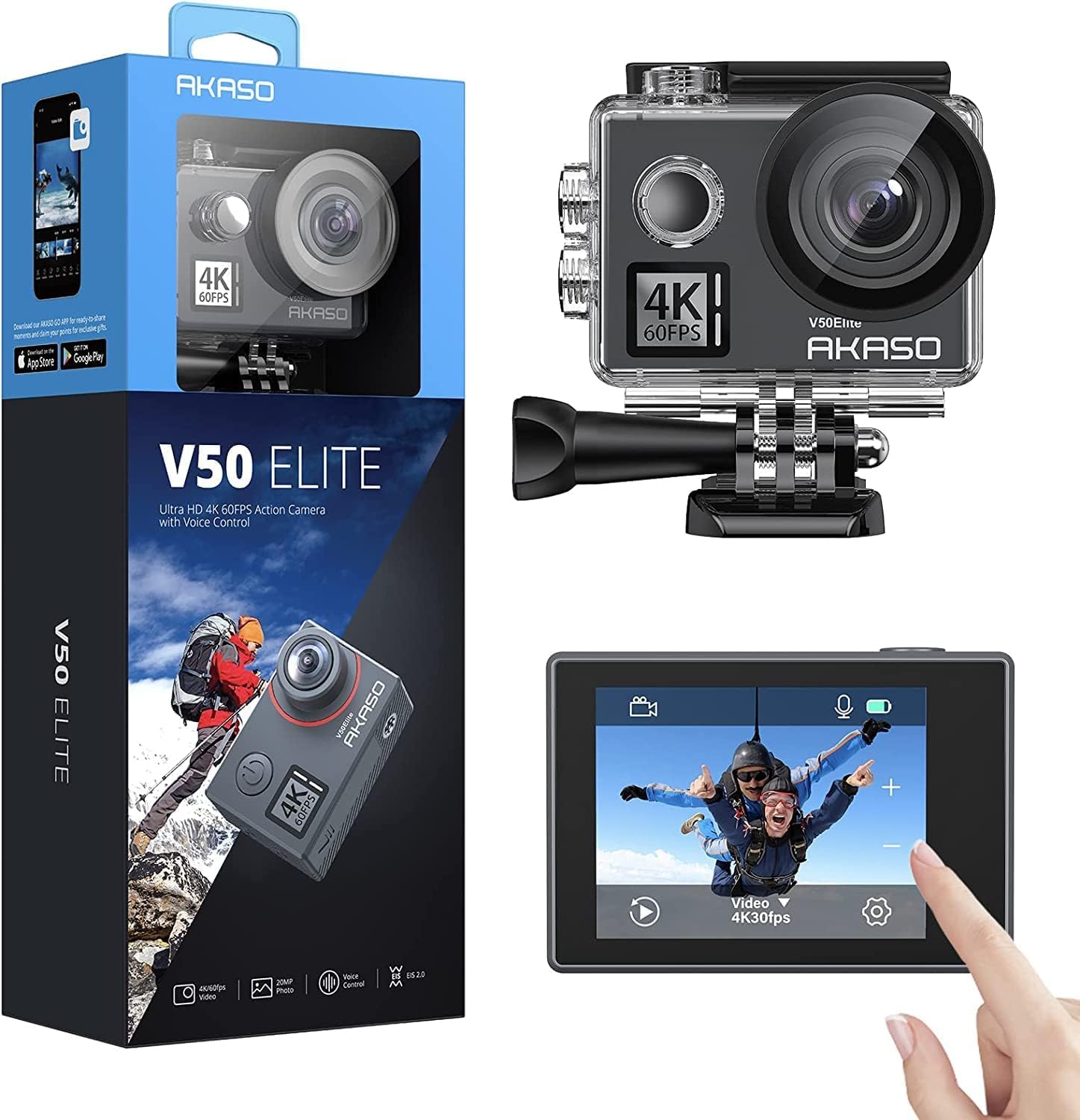 

AKASO Action Camera V50Elite 4k60fps Touchscreen with Voice EIS Image 40M 8x HDMI and Remote Perfect for Sports and Wearable Use WiFi, Control, сірий колір