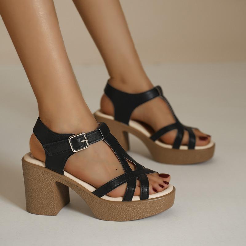 Summer New Solid Color Fish Mouth Block Heel One Line Buckle High Heel Casual Women's Sandals