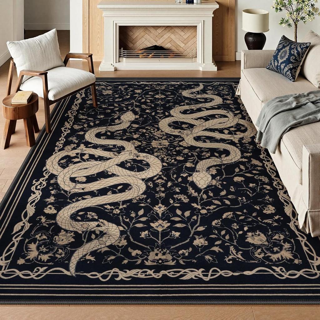 Black Living Room Carpet Large Machine Washable Carpets Snake Plant Bedroom Bedside Floor Mat Retro Elegant Home Decoration Rug