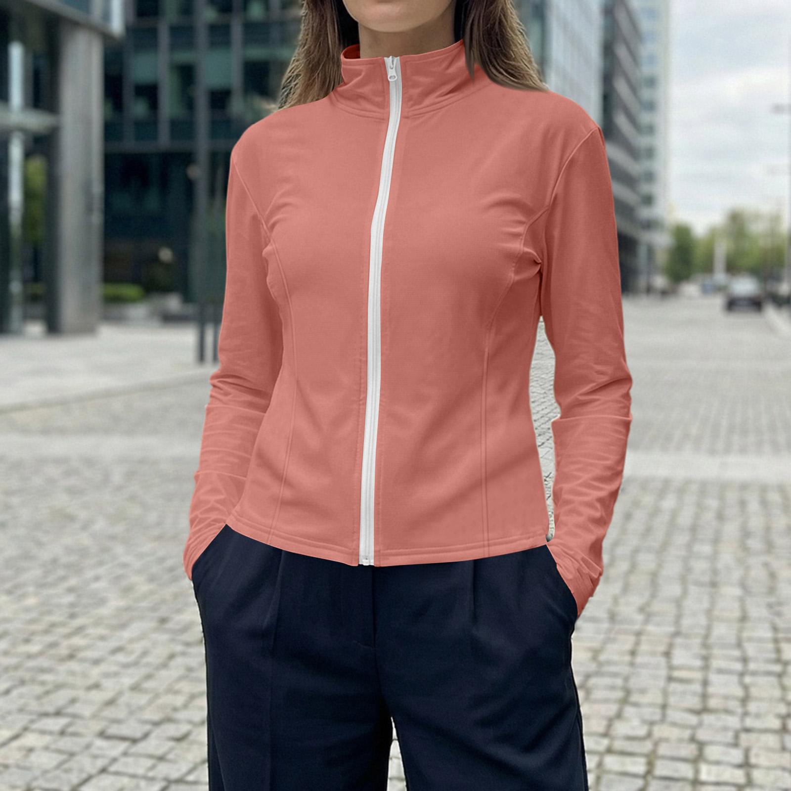Lightweight Long Sleeve Sun Protection Shirt for Women Full Zip Front Casual Outdoor UV Protection Top with Stand Collar S