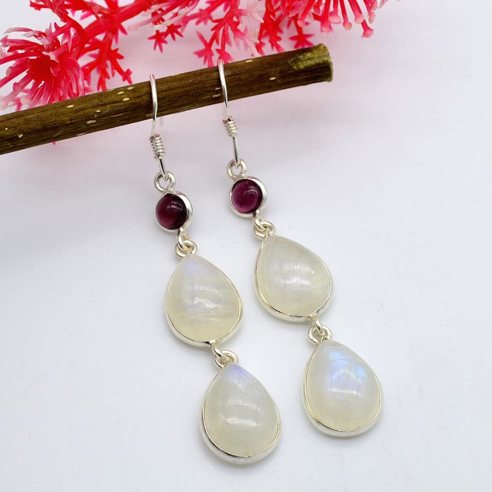 925 Sterling Silver Earring Red Garnet & Moonstone Teardrop Earring Boho Handmade Designer Drop & Dangle Earrings