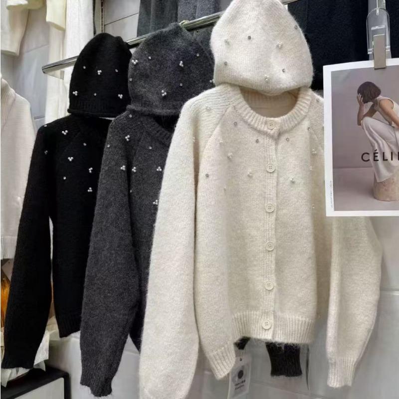 Beaded crew neck knitted cardigan with hat women's two-piece set autumn and winter new soft waxy sweater jacket women