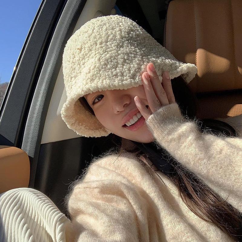 Women's Autumn and Winter Lamb Velvet Fisherman's Hat Korean Style Versatile Trendy Plush Warm Basin Hat Bucket Hat Show Small Face