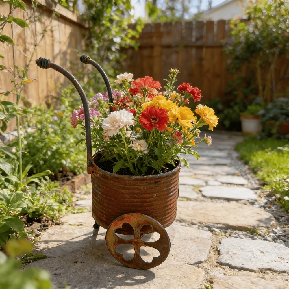 Rustic Iron Wrought Small Trolley Planter Distressed Four-leaf Clover Wheeled Flower Pot Creative Decorative Piece for Balcony