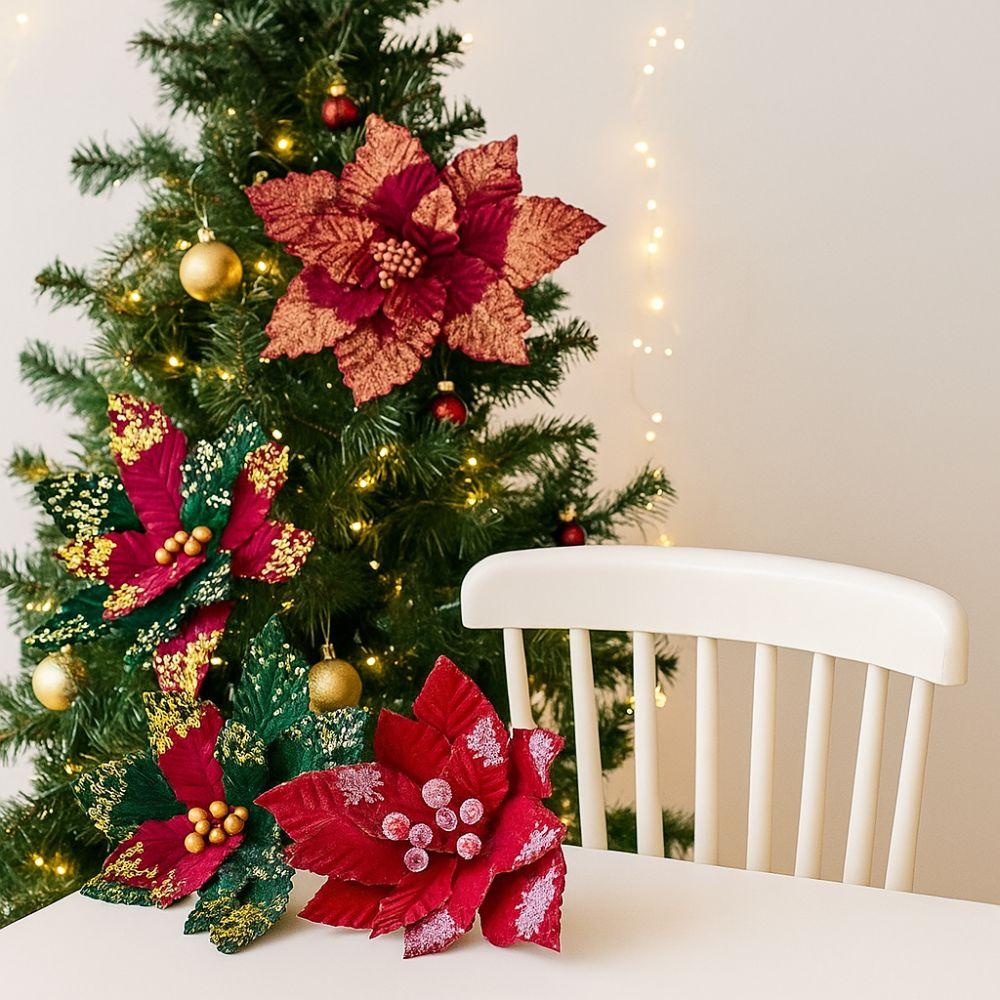 Large Glitter Artificial Christmas Flower Beautiful Handmade Christmas Poinsettia Flocking Xmas Tree Ornaments New Year Decor