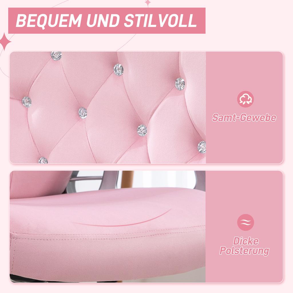 Sedia da Ufficio, Schienale Reclinabile, Altezza Regolabile, Aspetto Velluto, fino a 120 kg, Rosa