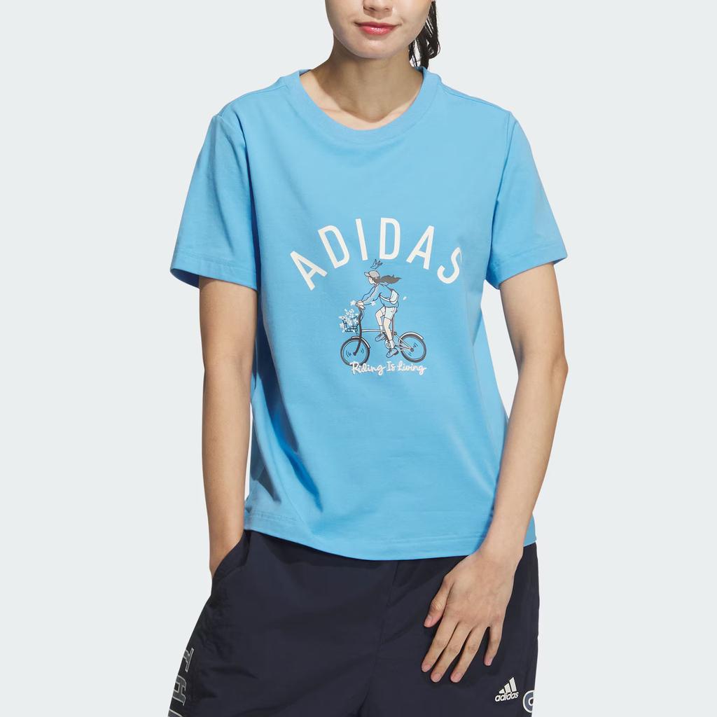 Adidas Printed Casual Round Neck Short Sleeve T-Shirt Women Tops Blue JN7771