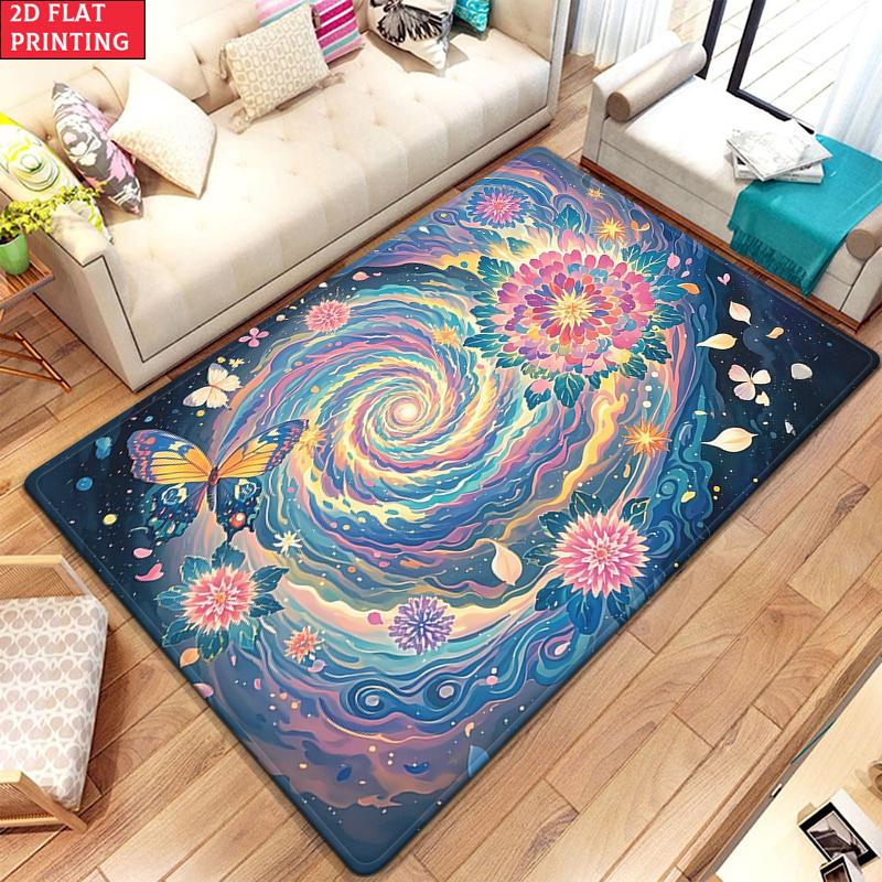 Aesthetic Butterfly Galaxy Floral Area Rug,Colorful Swirl Flower Carpet for Living Room, Boho Floor Mat for Bedroom Decor