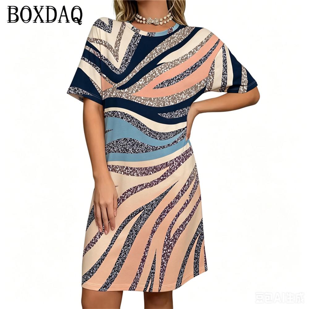 Women's New Summer Round Neck Short Sleeved Loose Gradient Striped Printed A-line Dress