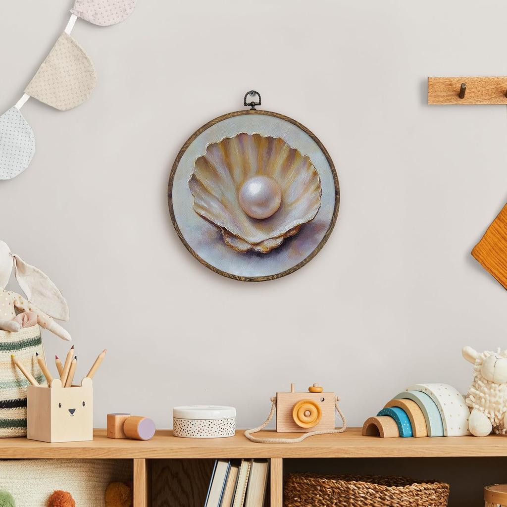 KFXHANGD Vintage Seashell Round Wall Art Framed, Coastal Shell Canvas Wall Art Decor, Coastal Sea Shells Hanging Decor for Bathroom Bedroom,